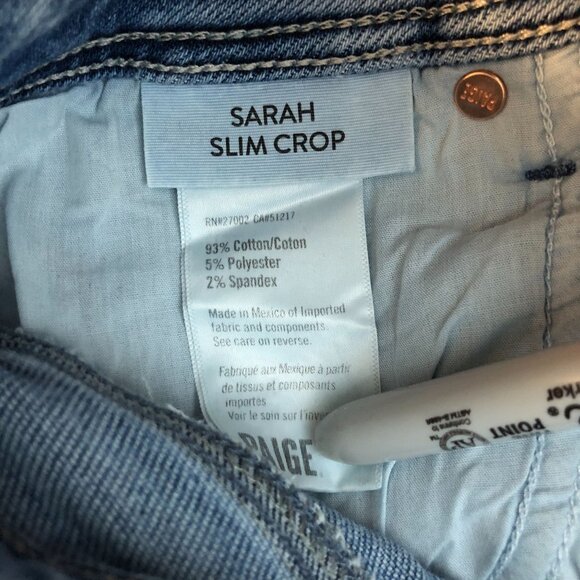Paige Sarah Slim Crop High Rise Jeans Skysong Wash Destroyed Hem 27 - Picture 4 of 4
